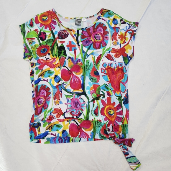 Dolcezza Size Small Pink Red Graphic Tie Front Blouse - Picture 4 of 11